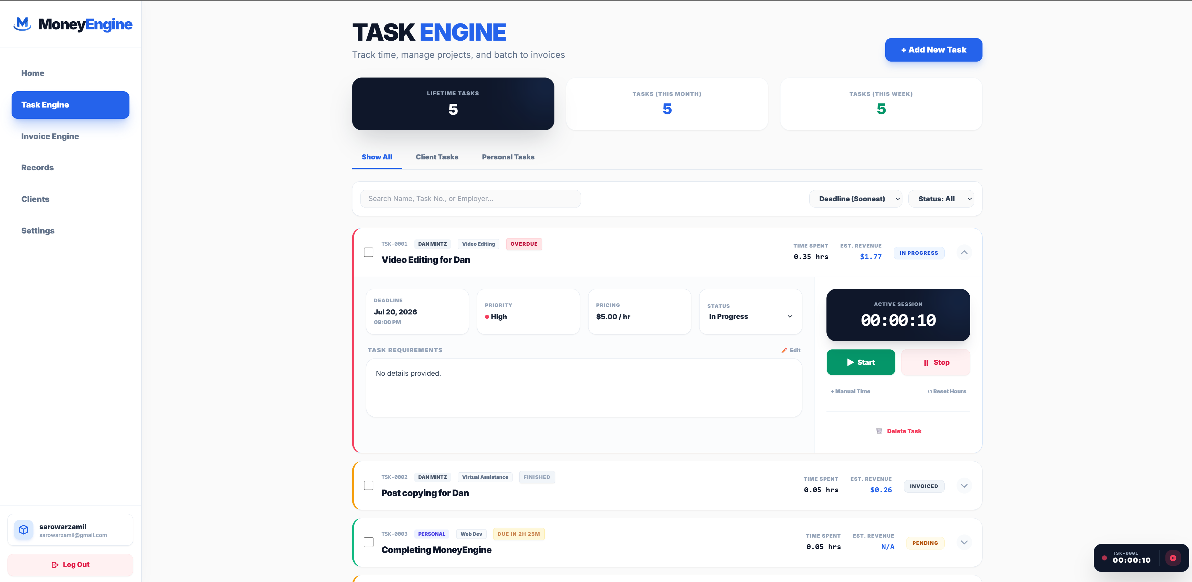 Money Engine Invoicing Dashboard